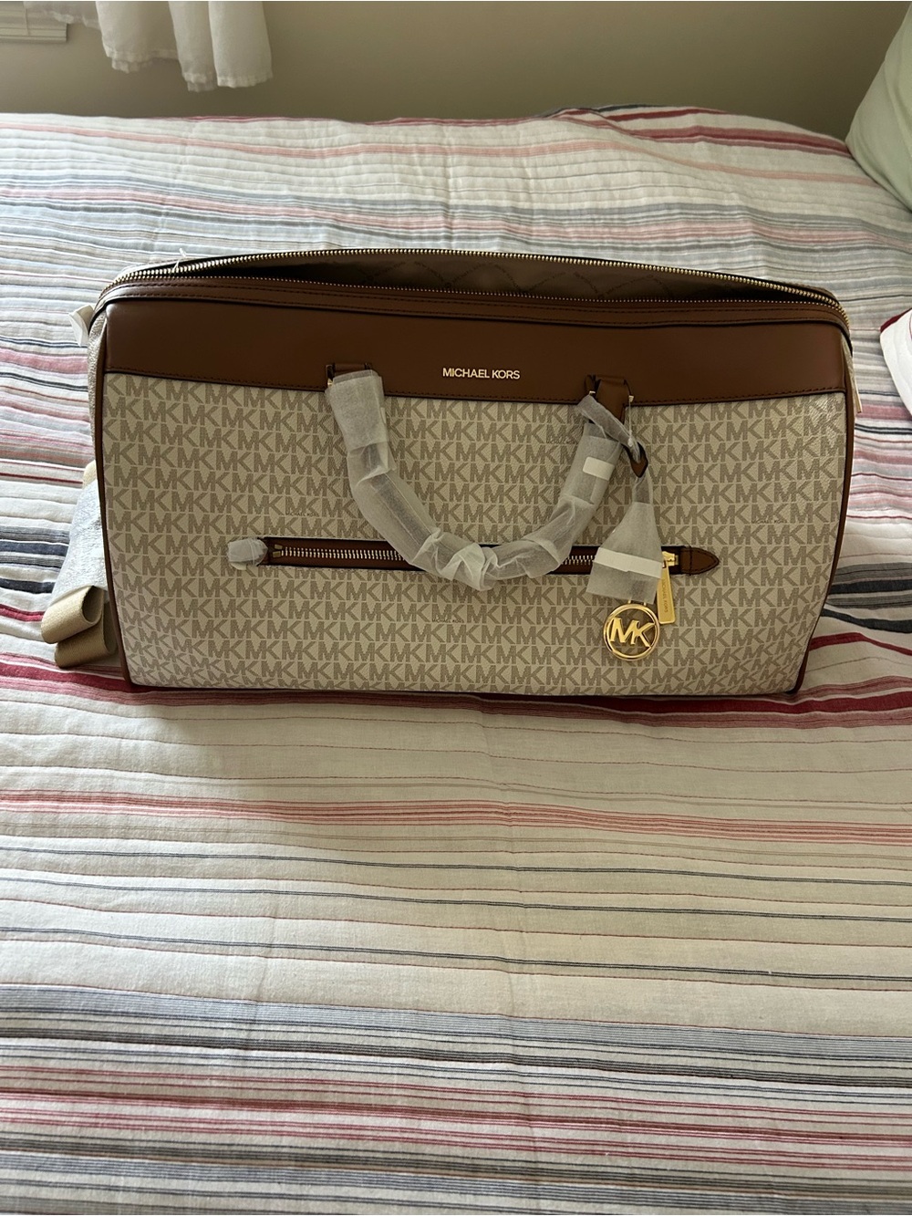 Michael Kors Cream Monogram Travel Duffel with Brown Leather Trim